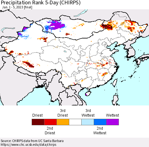 China, Mongolia and Taiwan Precipitation Rank since 1981, 5-Day (CHIRPS) Thematic Map For 1/1/2023 - 1/5/2023