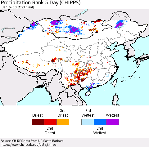 China, Mongolia and Taiwan Precipitation Rank since 1981, 5-Day (CHIRPS) Thematic Map For 1/6/2023 - 1/10/2023