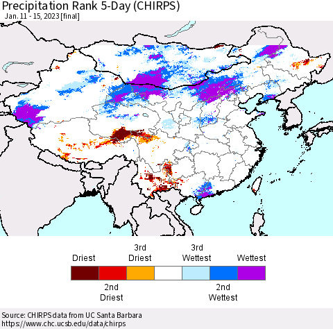 China, Mongolia and Taiwan Precipitation Rank since 1981, 5-Day (CHIRPS) Thematic Map For 1/11/2023 - 1/15/2023