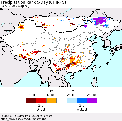 China, Mongolia and Taiwan Precipitation Rank since 1981, 5-Day (CHIRPS) Thematic Map For 1/16/2023 - 1/20/2023