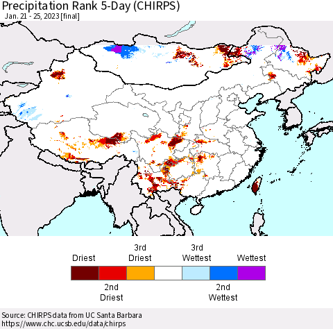 China, Mongolia and Taiwan Precipitation Rank since 1981, 5-Day (CHIRPS) Thematic Map For 1/21/2023 - 1/25/2023