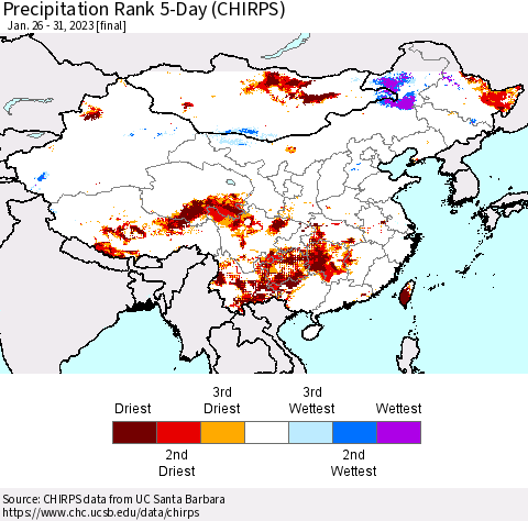 China, Mongolia and Taiwan Precipitation Rank since 1981, 5-Day (CHIRPS) Thematic Map For 1/26/2023 - 1/31/2023