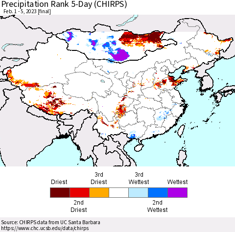 China, Mongolia and Taiwan Precipitation Rank since 1981, 5-Day (CHIRPS) Thematic Map For 2/1/2023 - 2/5/2023