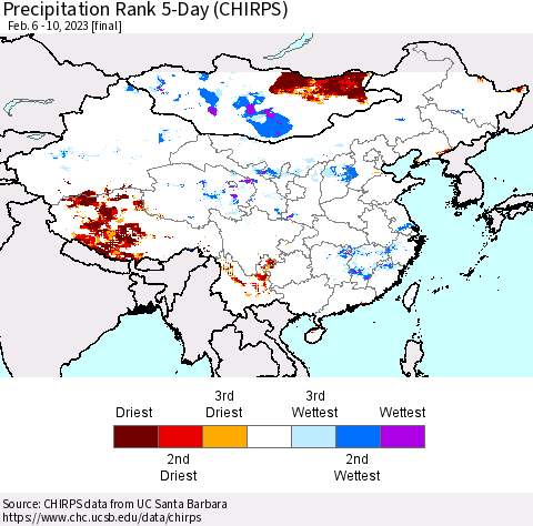 China, Mongolia and Taiwan Precipitation Rank since 1981, 5-Day (CHIRPS) Thematic Map For 2/6/2023 - 2/10/2023