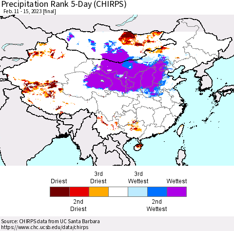 China, Mongolia and Taiwan Precipitation Rank since 1981, 5-Day (CHIRPS) Thematic Map For 2/11/2023 - 2/15/2023