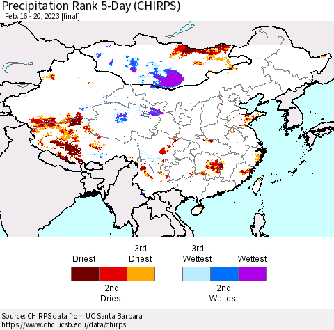 China, Mongolia and Taiwan Precipitation Rank since 1981, 5-Day (CHIRPS) Thematic Map For 2/16/2023 - 2/20/2023