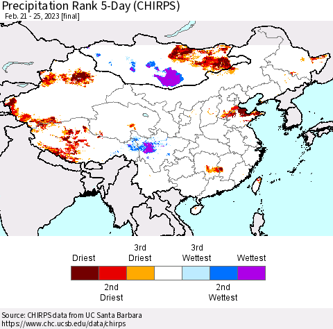 China, Mongolia and Taiwan Precipitation Rank since 1981, 5-Day (CHIRPS) Thematic Map For 2/21/2023 - 2/25/2023