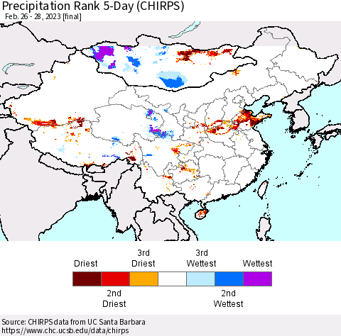 China, Mongolia and Taiwan Precipitation Rank since 1981, 5-Day (CHIRPS) Thematic Map For 2/26/2023 - 2/28/2023