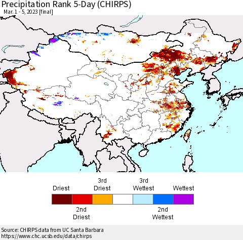 China, Mongolia and Taiwan Precipitation Rank since 1981, 5-Day (CHIRPS) Thematic Map For 3/1/2023 - 3/5/2023