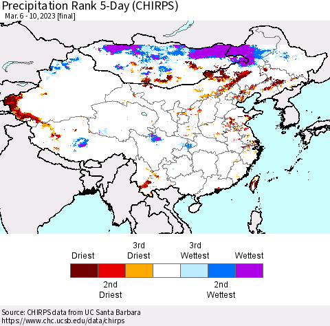 China, Mongolia and Taiwan Precipitation Rank since 1981, 5-Day (CHIRPS) Thematic Map For 3/6/2023 - 3/10/2023