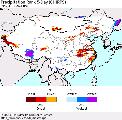China, Mongolia and Taiwan Precipitation Rank since 1981, 5-Day (CHIRPS) Thematic Map For 3/11/2023 - 3/15/2023