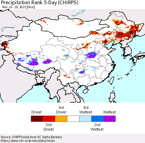 China, Mongolia and Taiwan Precipitation Rank since 1981, 5-Day (CHIRPS) Thematic Map For 3/16/2023 - 3/20/2023