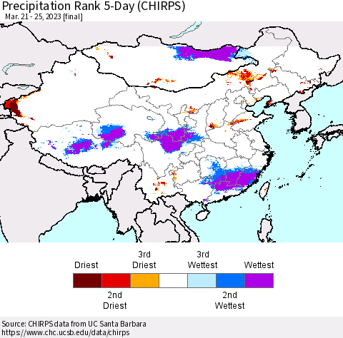 China, Mongolia and Taiwan Precipitation Rank since 1981, 5-Day (CHIRPS) Thematic Map For 3/21/2023 - 3/25/2023