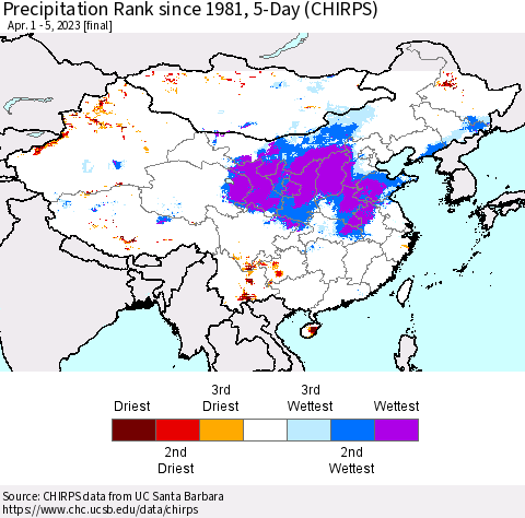 China, Mongolia and Taiwan Precipitation Rank since 1981, 5-Day (CHIRPS) Thematic Map For 4/1/2023 - 4/5/2023