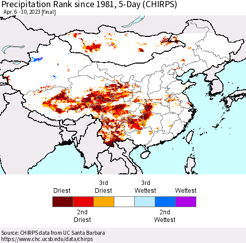 China, Mongolia and Taiwan Precipitation Rank since 1981, 5-Day (CHIRPS) Thematic Map For 4/6/2023 - 4/10/2023