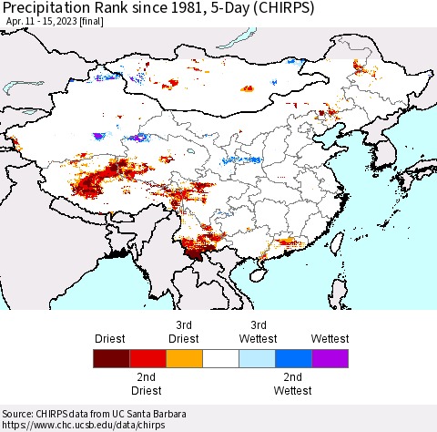 China, Mongolia and Taiwan Precipitation Rank since 1981, 5-Day (CHIRPS) Thematic Map For 4/11/2023 - 4/15/2023
