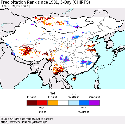 China, Mongolia and Taiwan Precipitation Rank since 1981, 5-Day (CHIRPS) Thematic Map For 4/16/2023 - 4/20/2023