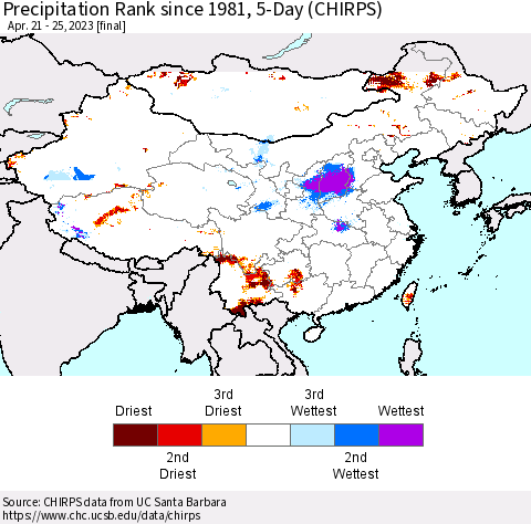 China, Mongolia and Taiwan Precipitation Rank since 1981, 5-Day (CHIRPS) Thematic Map For 4/21/2023 - 4/25/2023
