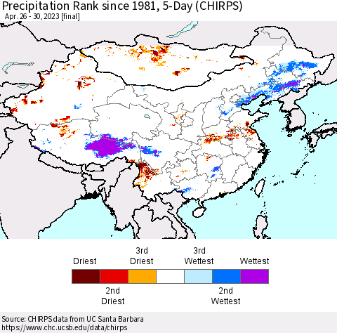 China, Mongolia and Taiwan Precipitation Rank since 1981, 5-Day (CHIRPS) Thematic Map For 4/26/2023 - 4/30/2023