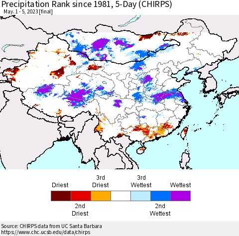 China, Mongolia and Taiwan Precipitation Rank since 1981, 5-Day (CHIRPS) Thematic Map For 5/1/2023 - 5/5/2023