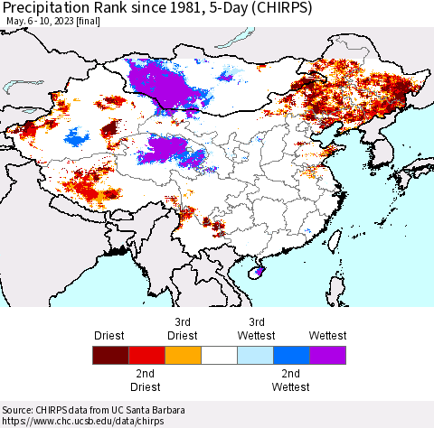 China, Mongolia and Taiwan Precipitation Rank since 1981, 5-Day (CHIRPS) Thematic Map For 5/6/2023 - 5/10/2023