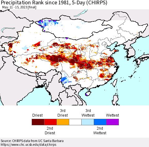 China, Mongolia and Taiwan Precipitation Rank since 1981, 5-Day (CHIRPS) Thematic Map For 5/11/2023 - 5/15/2023
