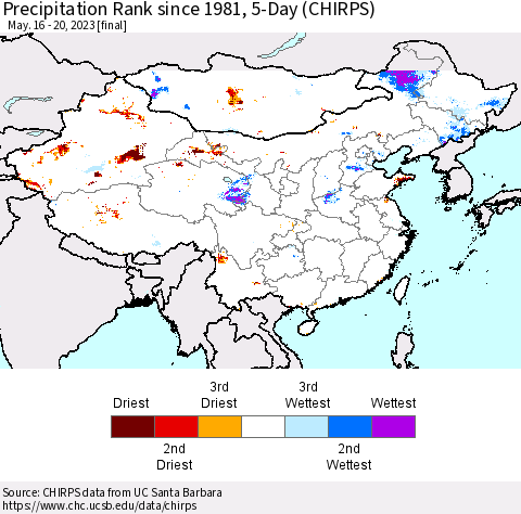 China, Mongolia and Taiwan Precipitation Rank since 1981, 5-Day (CHIRPS) Thematic Map For 5/16/2023 - 5/20/2023