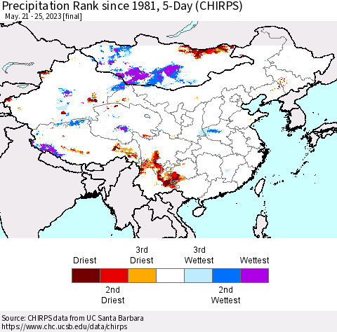 China, Mongolia and Taiwan Precipitation Rank since 1981, 5-Day (CHIRPS) Thematic Map For 5/21/2023 - 5/25/2023