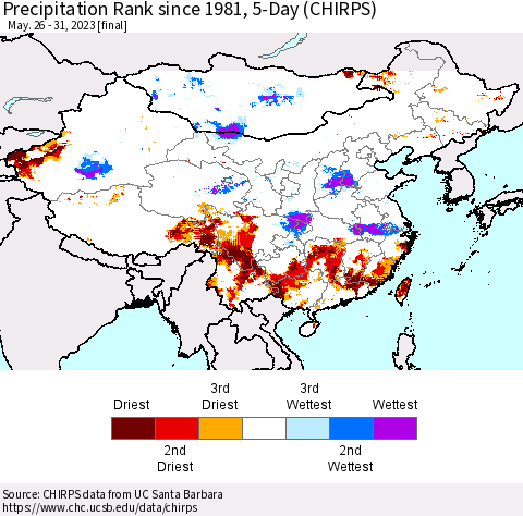 China, Mongolia and Taiwan Precipitation Rank since 1981, 5-Day (CHIRPS) Thematic Map For 5/26/2023 - 5/31/2023
