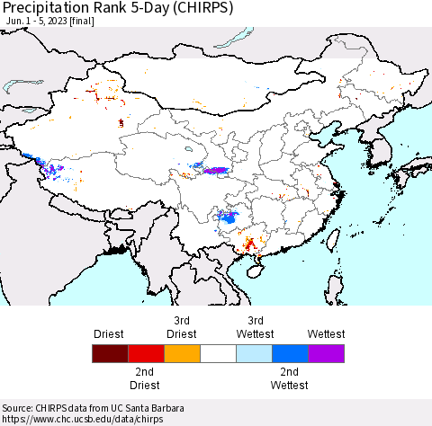 China, Mongolia and Taiwan Precipitation Rank since 1981, 5-Day (CHIRPS) Thematic Map For 6/1/2023 - 6/5/2023