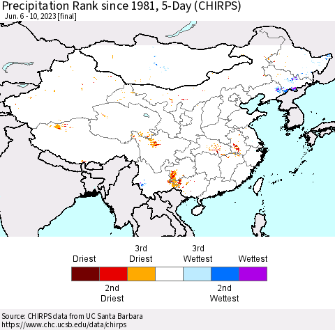 China, Mongolia and Taiwan Precipitation Rank since 1981, 5-Day (CHIRPS) Thematic Map For 6/6/2023 - 6/10/2023