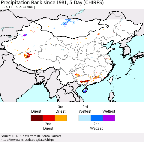 China, Mongolia and Taiwan Precipitation Rank since 1981, 5-Day (CHIRPS) Thematic Map For 6/11/2023 - 6/15/2023