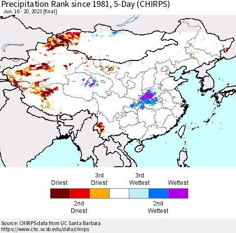 China, Mongolia and Taiwan Precipitation Rank since 1981, 5-Day (CHIRPS) Thematic Map For 6/16/2023 - 6/20/2023