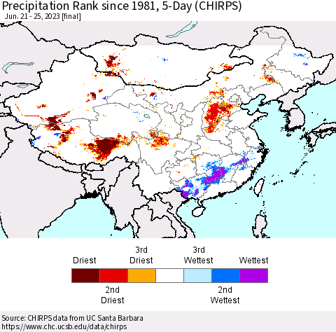 China, Mongolia and Taiwan Precipitation Rank since 1981, 5-Day (CHIRPS) Thematic Map For 6/21/2023 - 6/25/2023
