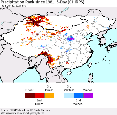 China, Mongolia and Taiwan Precipitation Rank since 1981, 5-Day (CHIRPS) Thematic Map For 6/26/2023 - 6/30/2023