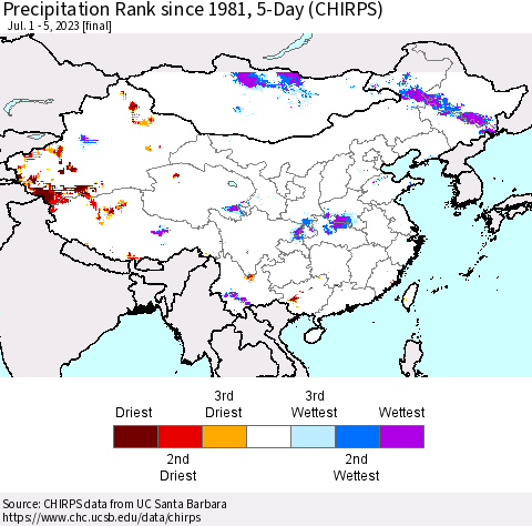 China, Mongolia and Taiwan Precipitation Rank since 1981, 5-Day (CHIRPS) Thematic Map For 7/1/2023 - 7/5/2023