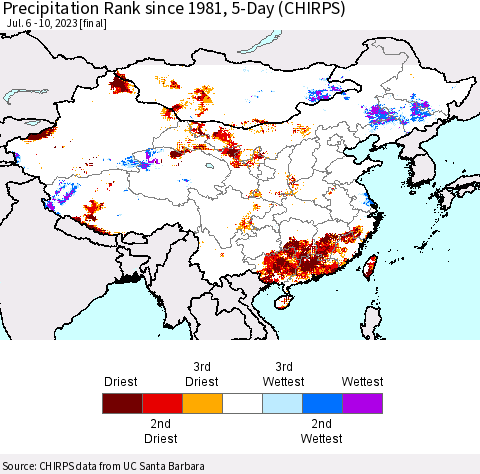 China, Mongolia and Taiwan Precipitation Rank since 1981, 5-Day (CHIRPS) Thematic Map For 7/6/2023 - 7/10/2023