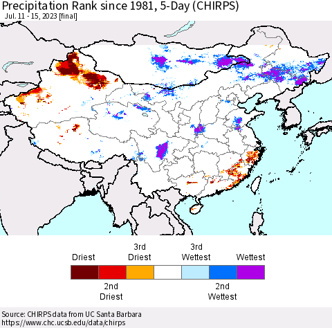 China, Mongolia and Taiwan Precipitation Rank since 1981, 5-Day (CHIRPS) Thematic Map For 7/11/2023 - 7/15/2023