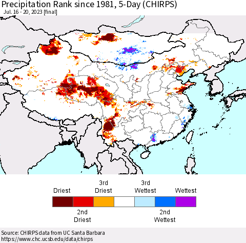 China, Mongolia and Taiwan Precipitation Rank since 1981, 5-Day (CHIRPS) Thematic Map For 7/16/2023 - 7/20/2023