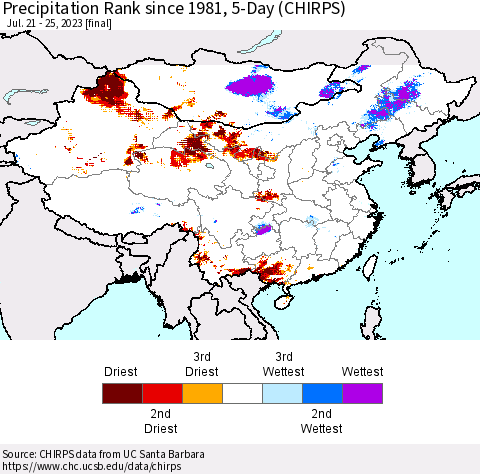 China, Mongolia and Taiwan Precipitation Rank since 1981, 5-Day (CHIRPS) Thematic Map For 7/21/2023 - 7/25/2023