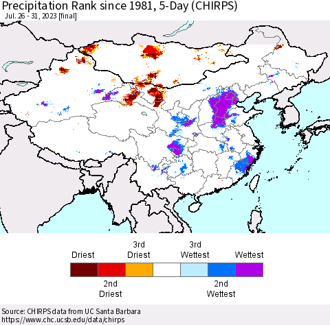 China, Mongolia and Taiwan Precipitation Rank since 1981, 5-Day (CHIRPS) Thematic Map For 7/26/2023 - 7/31/2023