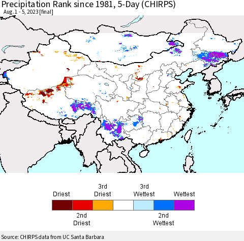 China, Mongolia and Taiwan Precipitation Rank since 1981, 5-Day (CHIRPS) Thematic Map For 8/1/2023 - 8/5/2023
