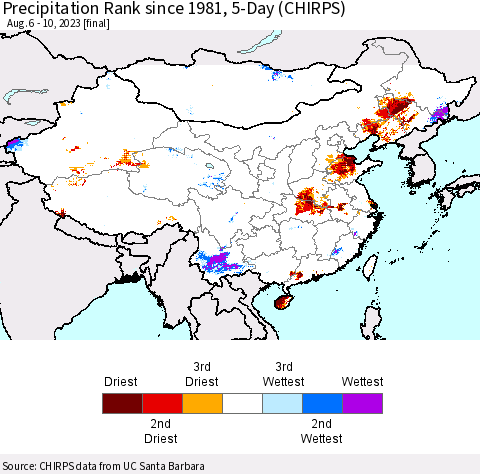 China, Mongolia and Taiwan Precipitation Rank since 1981, 5-Day (CHIRPS) Thematic Map For 8/6/2023 - 8/10/2023