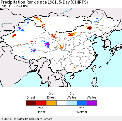 China, Mongolia and Taiwan Precipitation Rank since 1981, 5-Day (CHIRPS) Thematic Map For 8/11/2023 - 8/15/2023