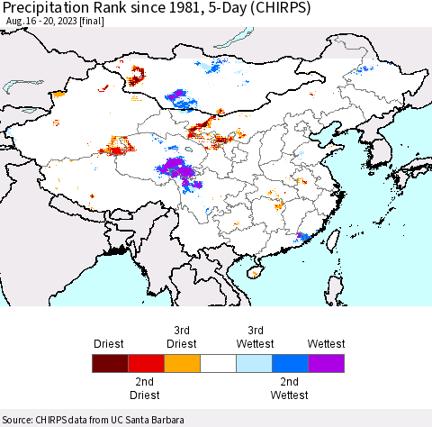 China, Mongolia and Taiwan Precipitation Rank since 1981, 5-Day (CHIRPS) Thematic Map For 8/16/2023 - 8/20/2023