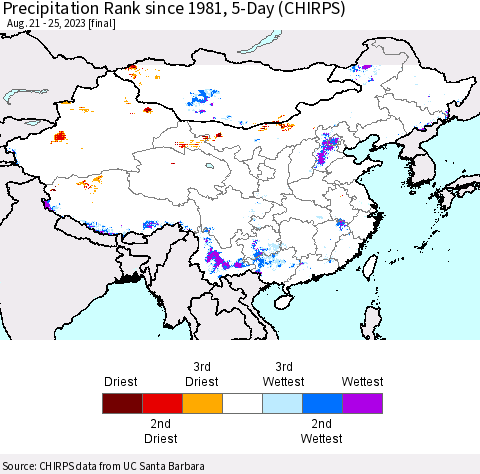 China, Mongolia and Taiwan Precipitation Rank since 1981, 5-Day (CHIRPS) Thematic Map For 8/21/2023 - 8/25/2023