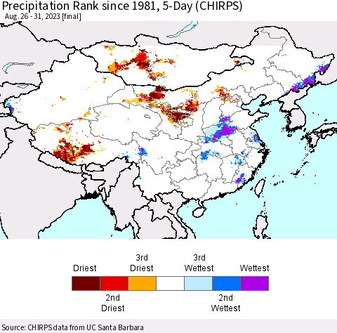 China, Mongolia and Taiwan Precipitation Rank since 1981, 5-Day (CHIRPS) Thematic Map For 8/26/2023 - 8/31/2023