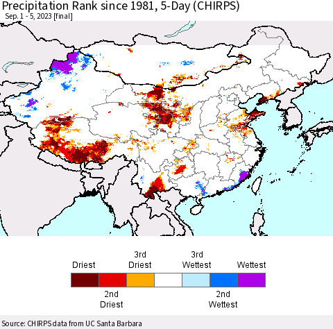 China, Mongolia and Taiwan Precipitation Rank since 1981, 5-Day (CHIRPS) Thematic Map For 9/1/2023 - 9/5/2023