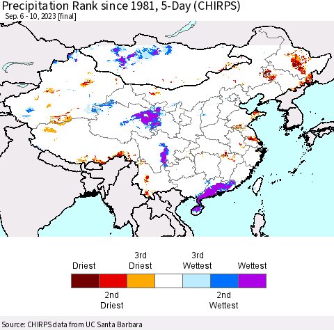 China, Mongolia and Taiwan Precipitation Rank since 1981, 5-Day (CHIRPS) Thematic Map For 9/6/2023 - 9/10/2023