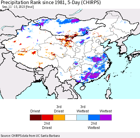 China, Mongolia and Taiwan Precipitation Rank since 1981, 5-Day (CHIRPS) Thematic Map For 9/11/2023 - 9/15/2023